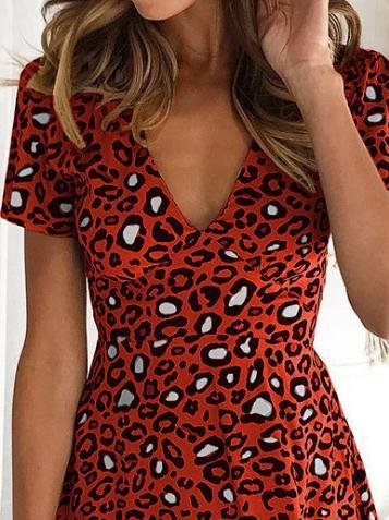 V Neck Short Sleeve Leopard Print Dress