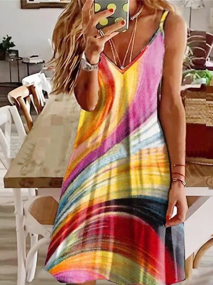 Printed Sling V Neck Sleeveless Dress