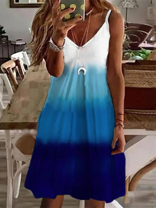 Printed Sling V Neck Sleeveless Dress