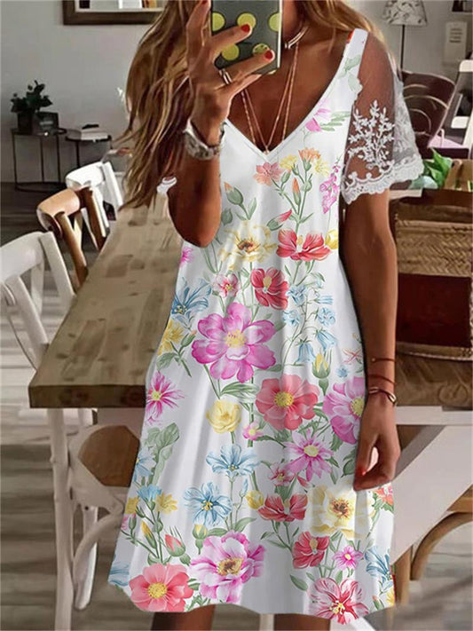 Printed V Neck Lace Sleeve Dress