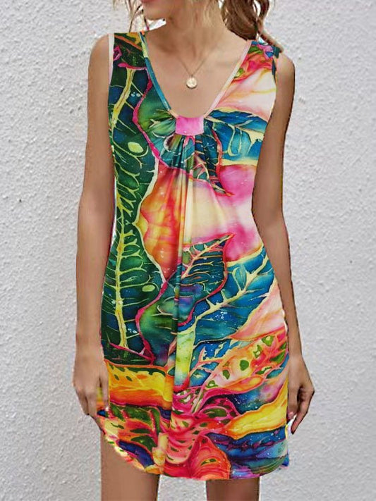 V Neck Printed Sleeveless Casual Dress