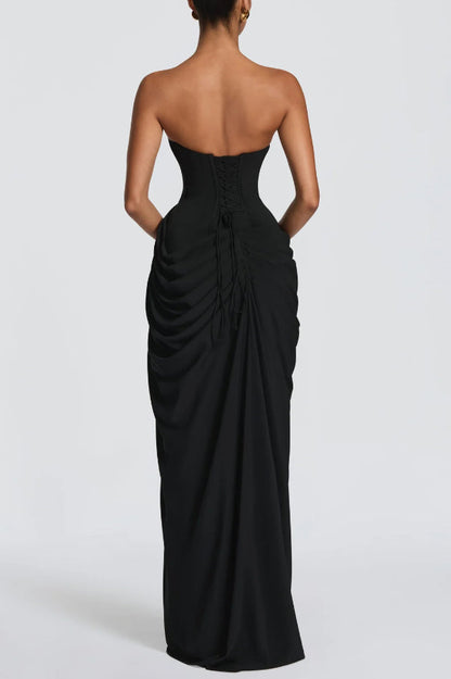 Cyra Back Lace-up Asymmetrical Pleats Strapless Slit Maxi Dress(Buy 2 Get Free Shipping)