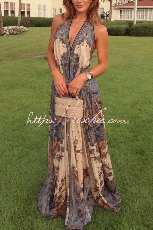 Chapel Linen Blend Floral Print Cutout Tie-up Waist Pocket Halter Backless Maxi Dress