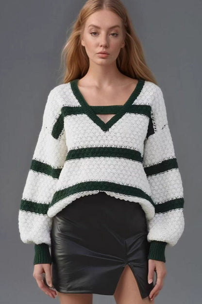 Bell Sleeve Color Block Knit Sweater