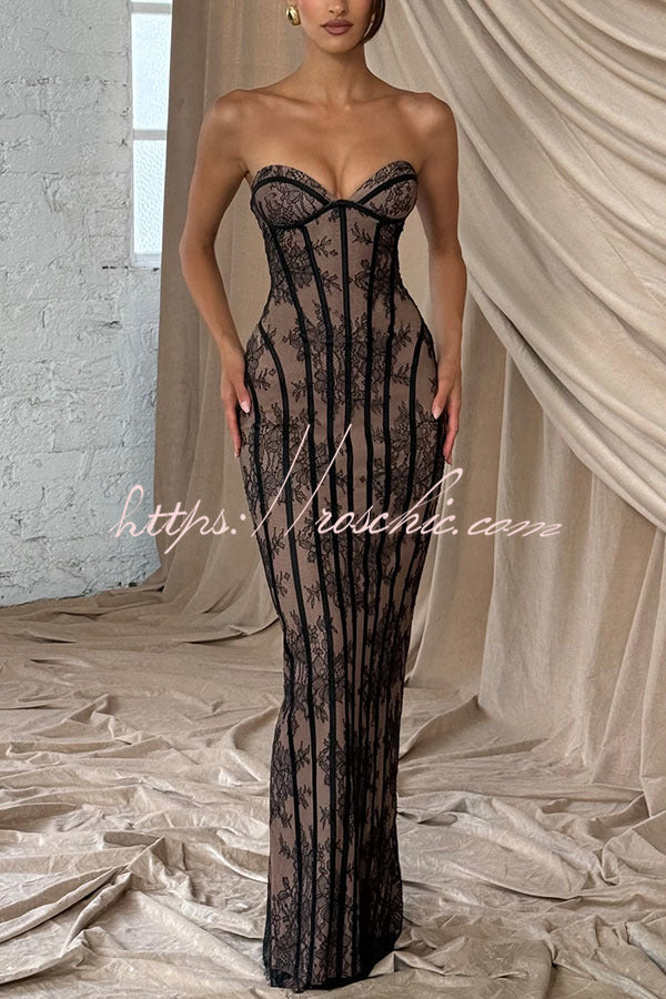 Sian Floral Lace Contrast Structural Detail Back Lace-up Strapless Slit Maxi Dress