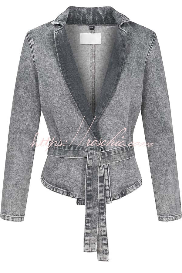 Casual Meetup Denim Stand Neck Long Sleeve Belted Loose Jacket