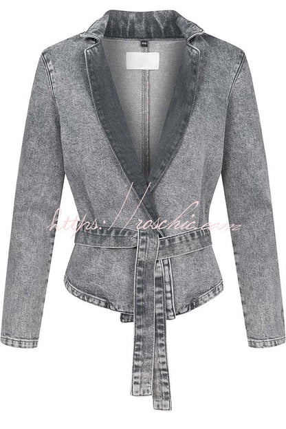 Casual Meetup Denim Stand Neck Long Sleeve Belted Loose Jacket