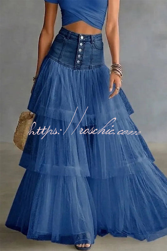 Y2K Fairycore Denim Corset Waist Tulle Maxi Skirt