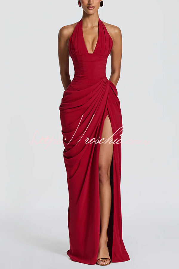 Minette Halter Back Lace-up Asymmetrical Pleats Slit Maxi Dress