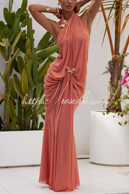 Touch of Drama Mesh Butterfly Metal Clips One Shoulder Backless Maxi Dress