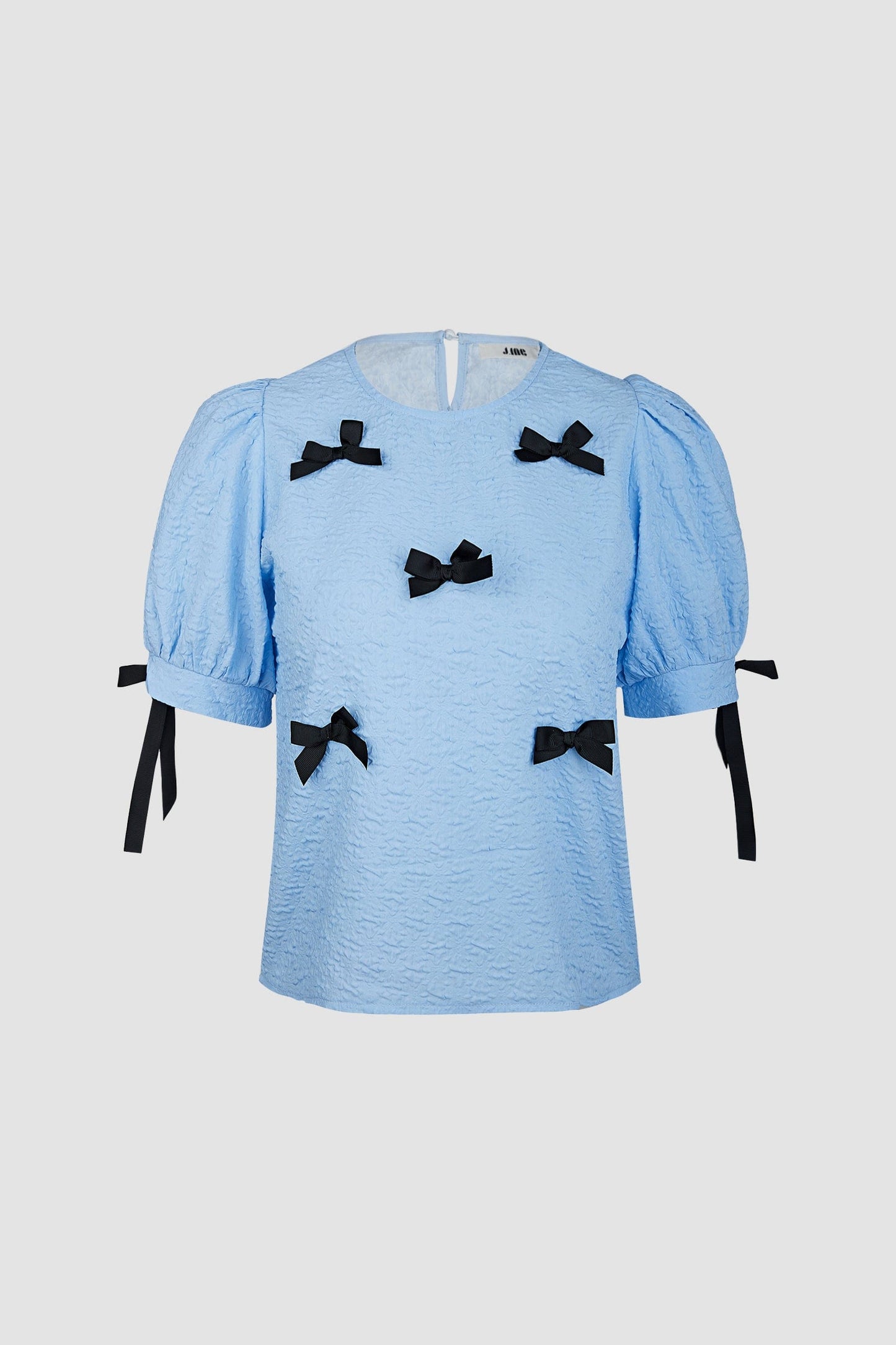 Cornflower Blue Textured Bowknot Decor Puff Sleeve Blouse