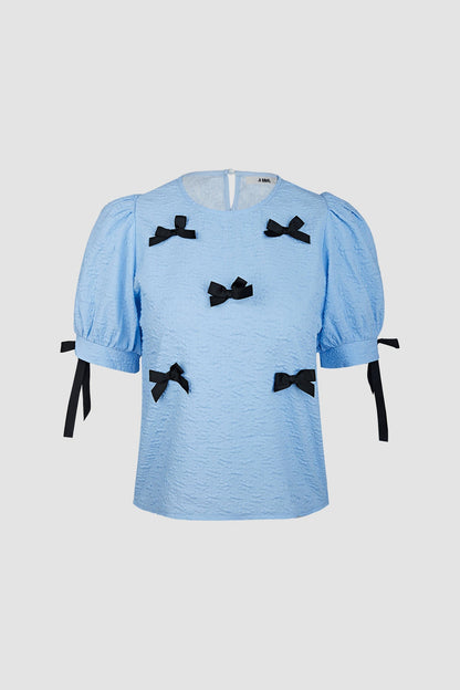 Cornflower Blue Textured Bowknot Decor Puff Sleeve Blouse