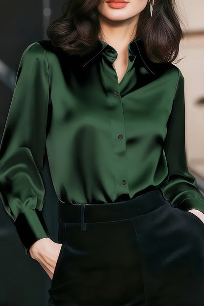 Solid Color Collared Long-sleeved Casual Button-down Shirt