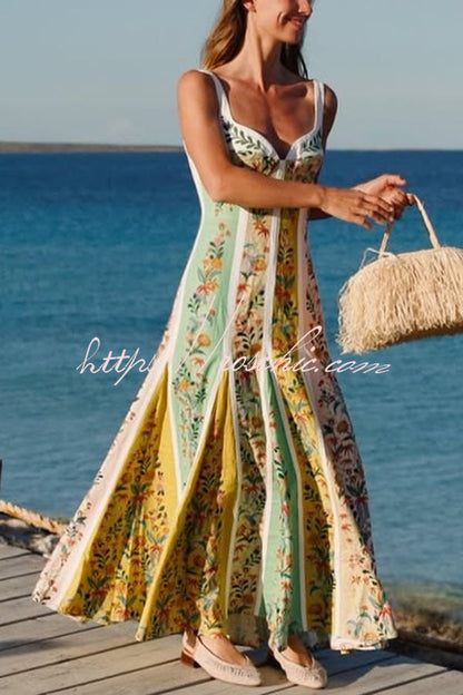 Sweet Garden Linen Blend Color Block Floral Paneled Maxi Dress
