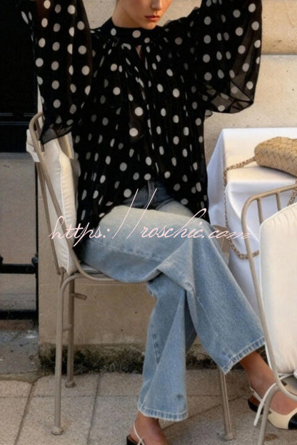 Polka Dot Print Tie-waist Lantern Sleeve Elegant Loose Shirt