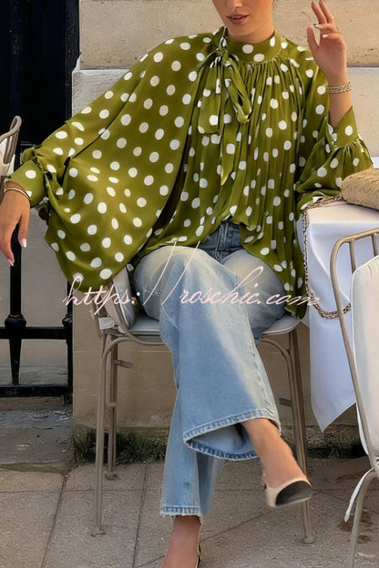 Polka Dot Print Tie-waist Lantern Sleeve Elegant Loose Shirt