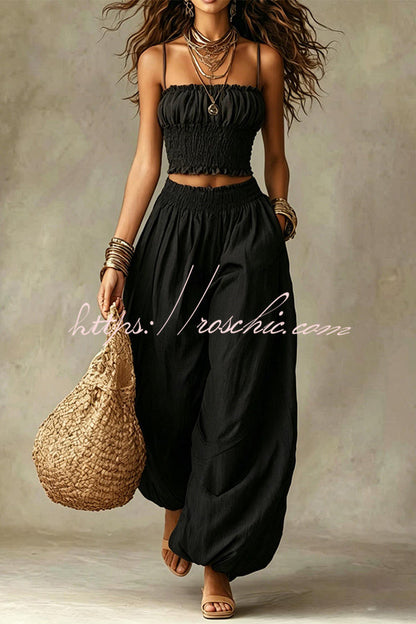 Olive Gypsy  pleated crop top and high-waisted wide-leg pants set