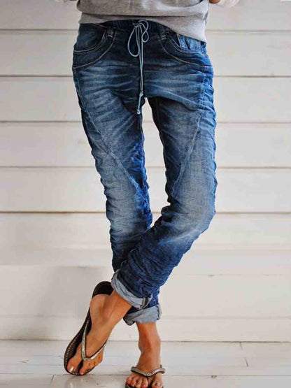 Retro Pocket Drawstring Self-tie Jeans