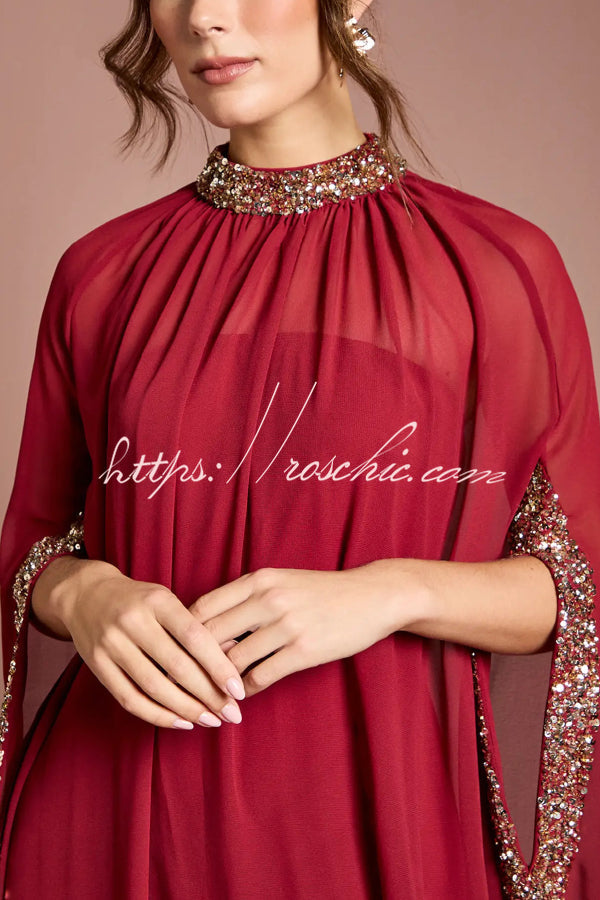 My Dearest Chiffon Sequin Trim High Neck Batwing Cutout Sleeve Cape Maxi Dress