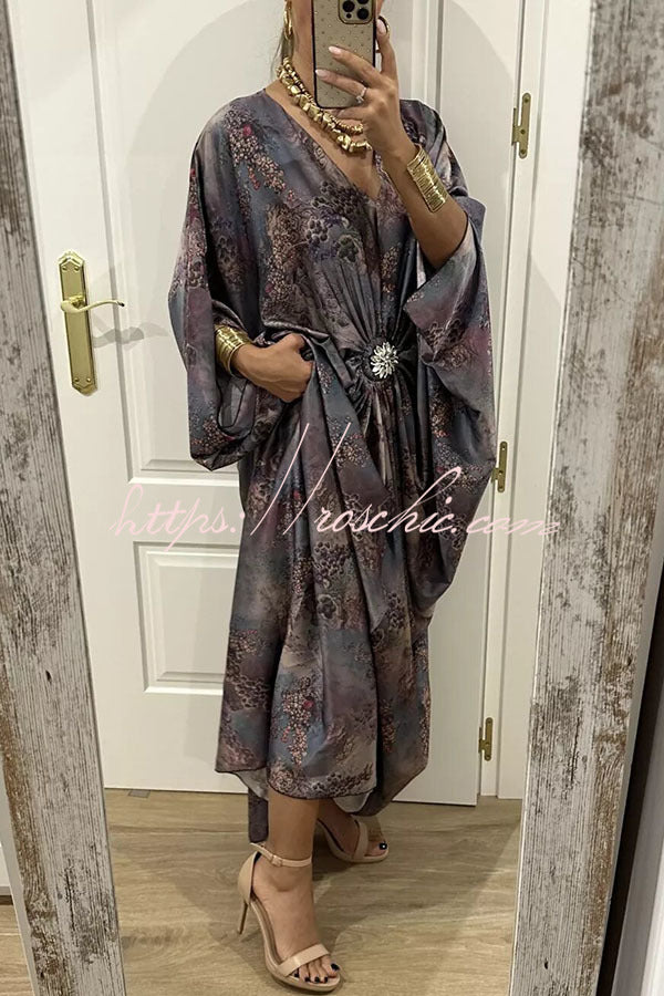 Airy Satin Unique Print V-neck Gemstone Embellished Drape Robe Maxi Dress