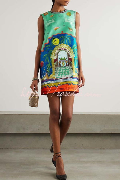 Natural Beauty Satin Unique Print Sleeveless H-line Mini Dress