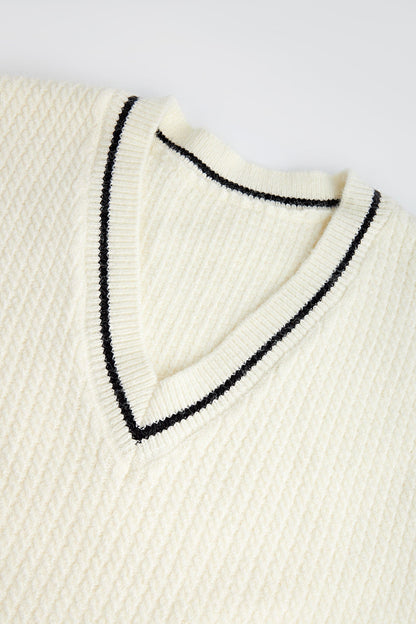 Beige Contrast Trim Cropped Sweater Vest