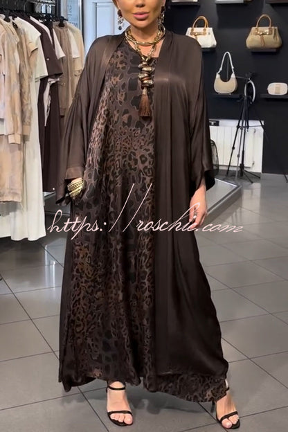 Mira Satin Leopard Print Sleeveless Pocket Maxi Dress and Batwing Sleeve Kimono Two Pieces Set