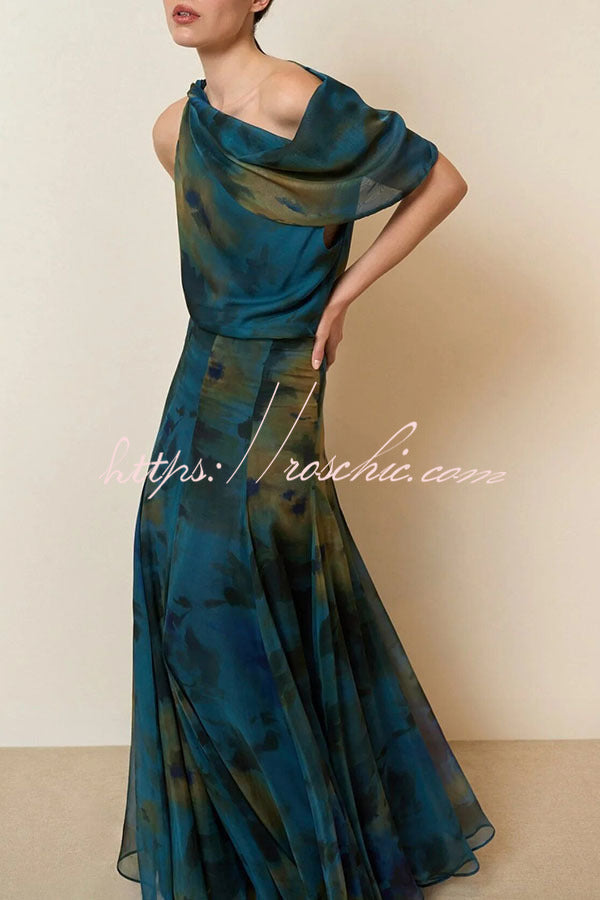 Ione Chiffon Ombr¨¦ Print Cowl Neck Top and High Rise Maxi Skirt Set with Scarf
