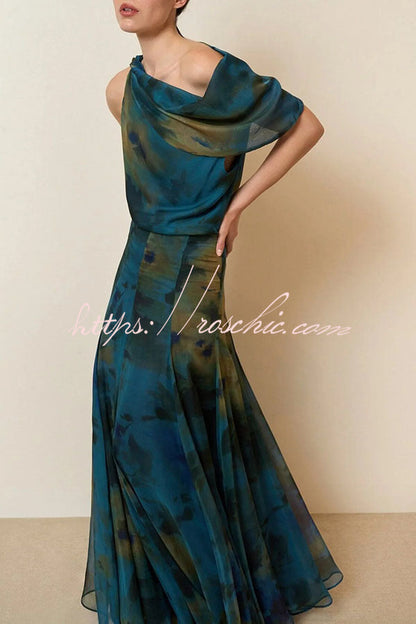 Ione Chiffon Ombr¨¦ Print Cowl Neck Top and High Rise Maxi Skirt Set with Scarf