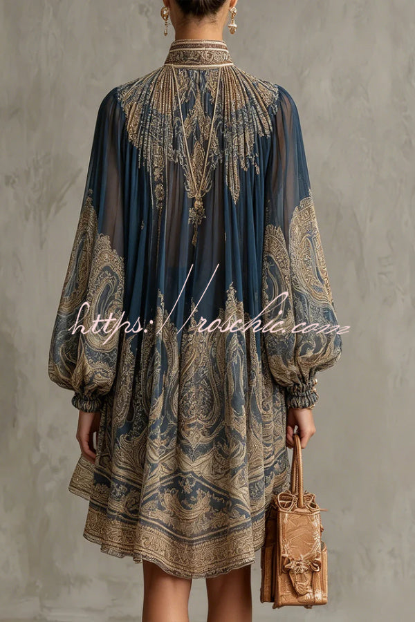 Baroque Print High-neck Irregular Chiffon Mini Dress