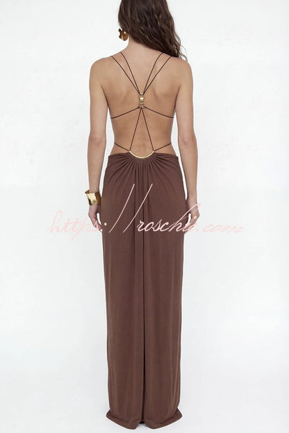 Athena Metal-Link Cutout Design Back Lace-up Drape Maxi Dress