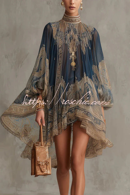 Baroque Print High-neck Irregular Chiffon Mini Dress