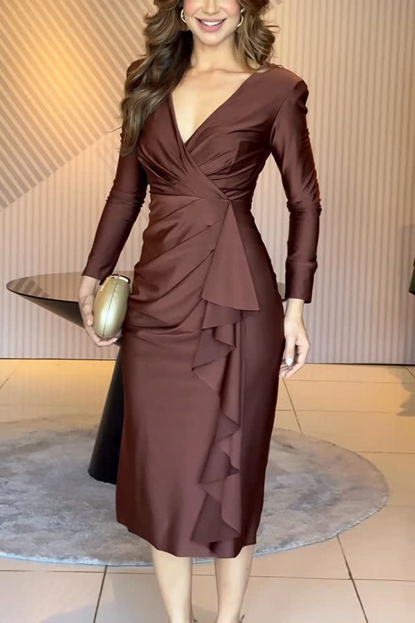 Ninah Satin Padded Shoulder Long Sleeve Ruffled Hem Slit Midi Dress
