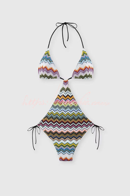 Luccia Colorful Zigzag Pattern Cutout Waist Tie-up Stretch One-piece Swimsuit