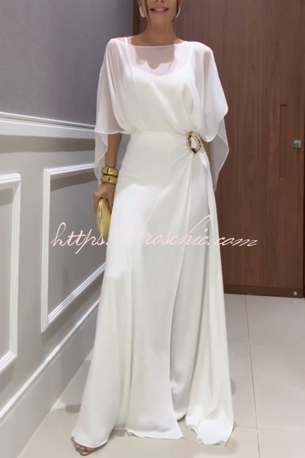 Vivian Chiffon Cape Top and  Metal Buckle Wrap Wide-Leg Pants Set