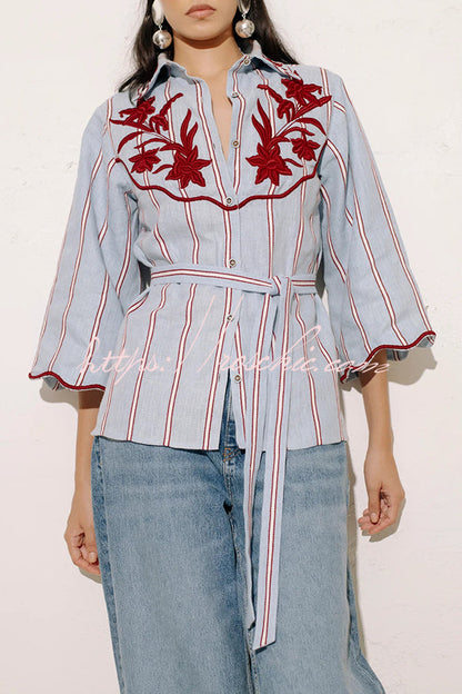 Delirio Linen Blend Floral Embroidery and Stripes Print Bell Sleeve Tie-up Blouse