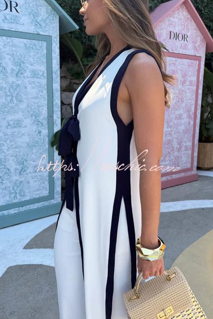 Beach Day Colorblock Bow Detail Slit Midi Top and Elastic Waist Loose Pants Set