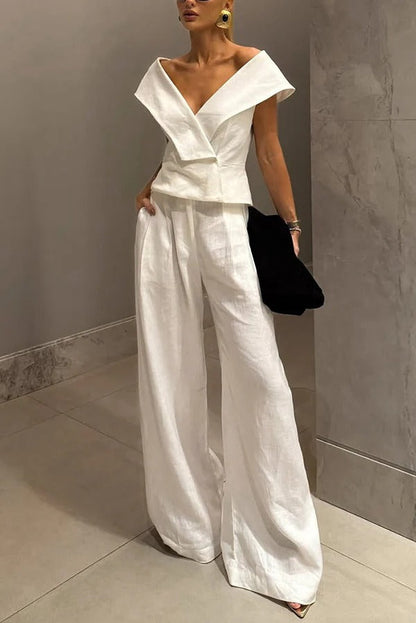 Velena Linen Blend Button Up Lapel Top and High Rise Pocket Wide Leg Pants Set