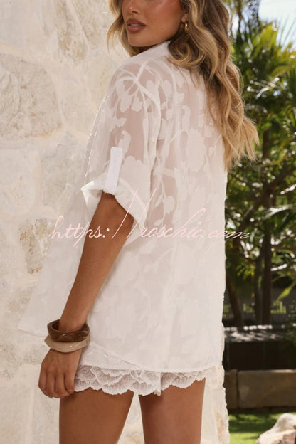 Fashionable Sheer Lace Loose-fitting Shirt and Elastic Waist Pocket Casual Shorts Set