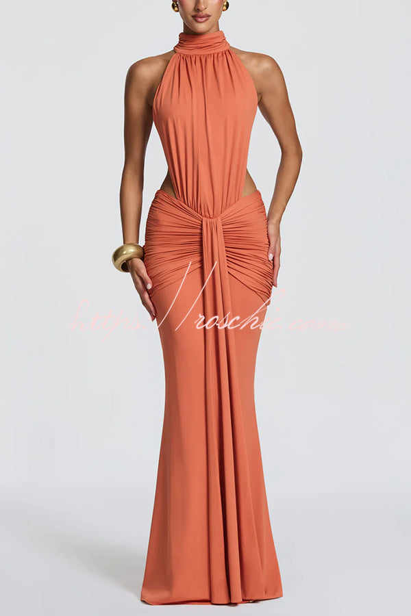 Thekla Stretch Slinky Jersey High Neck Ruched Backless Drape Maxi Dress