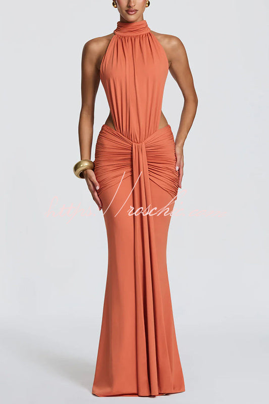 Thekla Stretch Slinky Jersey High Neck Ruched Backless Drape Maxi Dress