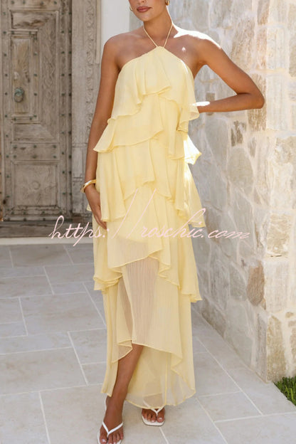 Solid Color Chiffon Halter Neck Elegant Ruffle Maxi Dress