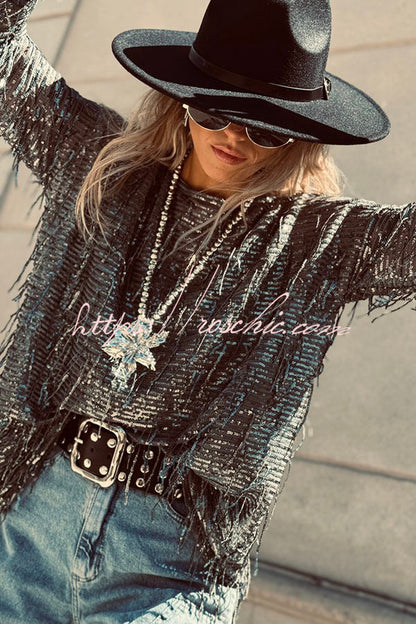 Party Crasher Sequin Tassle Fabric Long Sleeve Loose Top