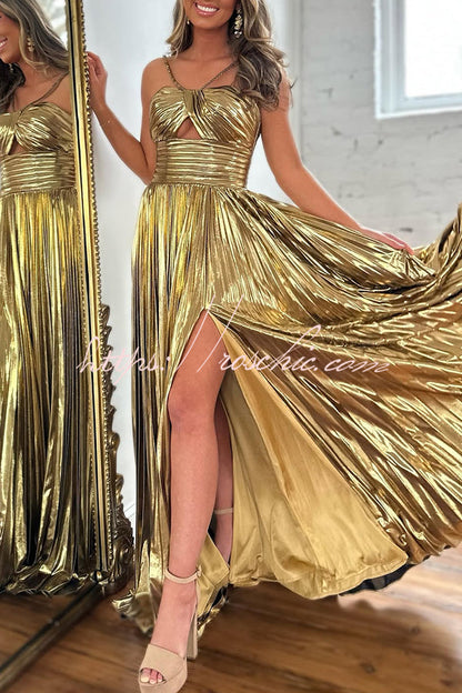 Queen Style Metallic Fabric Cross Neck Cutout Slit Pleated Maxi Dress (Shipped Within 24 Hours)