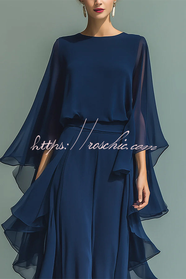 Chic Midnight Blue Ruffled Overlay Wide-Leg Pantsuit