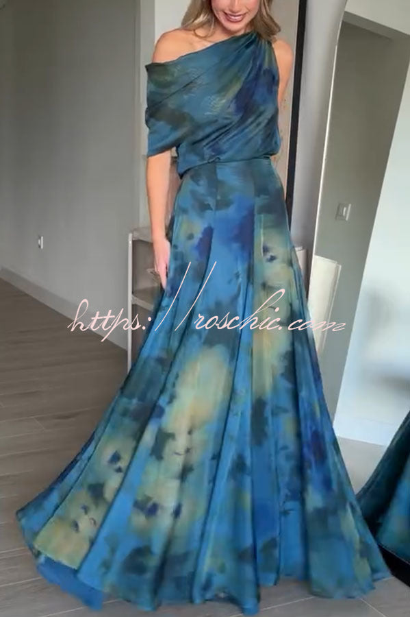Ione Chiffon Ombr¨¦ Print Cowl Neck Top and High Rise Maxi Skirt Set with Scarf