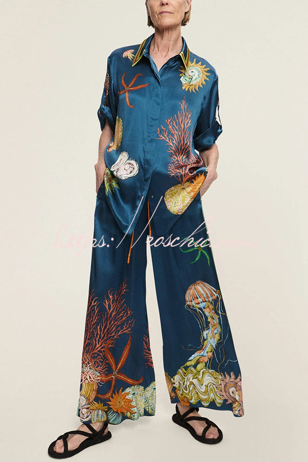 Linen Blend Unique Print Lapel Short Sleeve Shirt and Elastic Waist Loose Pocket Wide Leg Pants Set