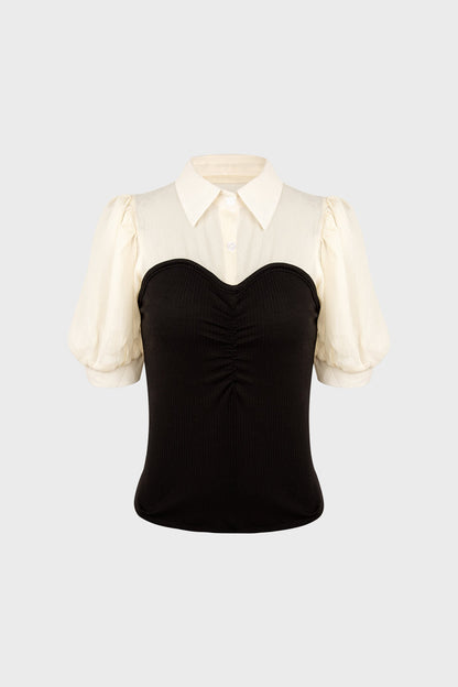 Black Contrast Mesh Puff Sleeve Polo Collar Blouse