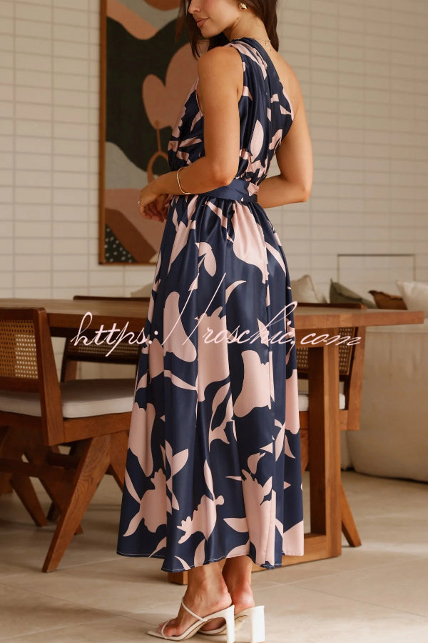 Unique Printed One-Shoulder Belt Casual Holiday Maxi Dress