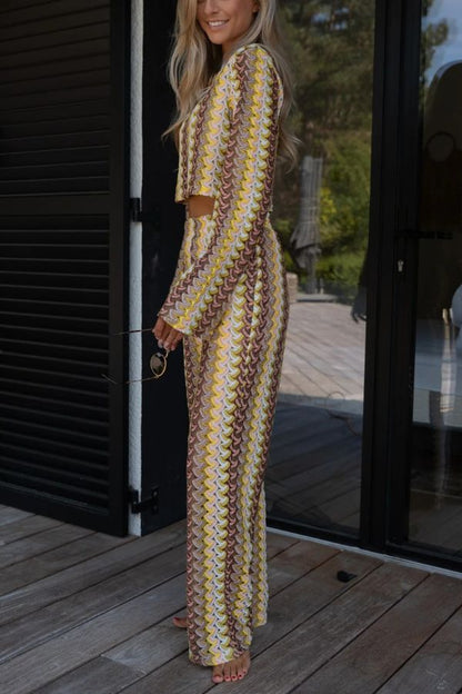 Tamia Knit Colorful Wave Unique Print Crop Top and Stretch Wide Leg Pants Set